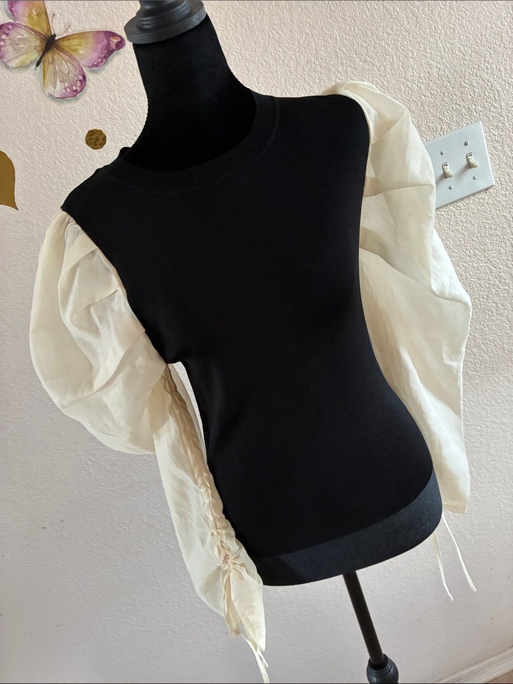 Black Knit Top with Cream Puff Sleeves